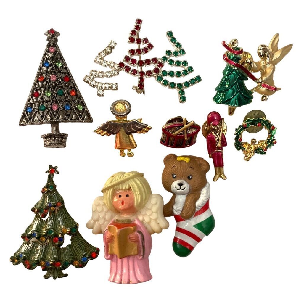 Vintage Christmas Brooch Tie Tack Pin Lot Gigi Giusti Sarah Coventry Angel 10 Pc